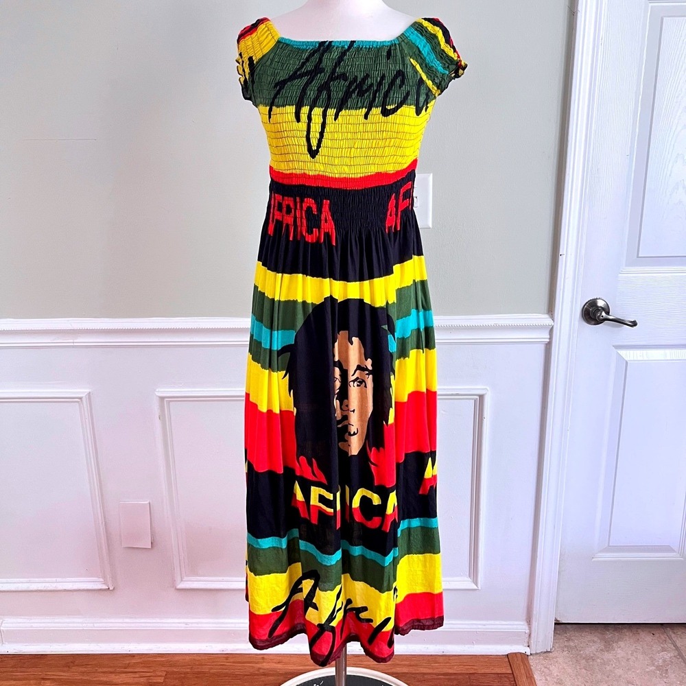 Jessica Taylor Maxi Dress Women Medium Bob Marley Rasta Africa Smocked Red Green